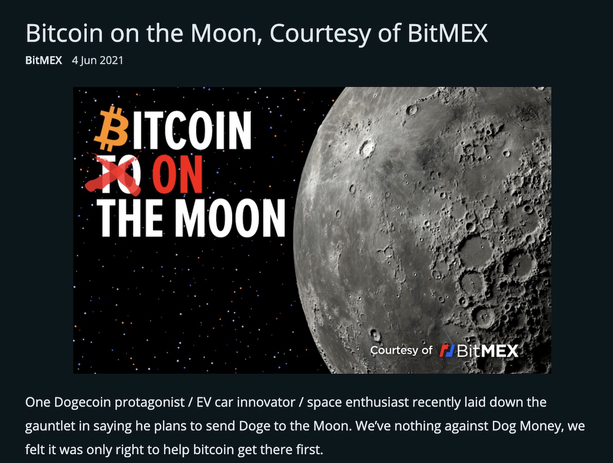 Bitmex 1ビットコインを月に送る計画 To The Moon 構想が現実に Coindesk Japan コインデスク ジャパン
