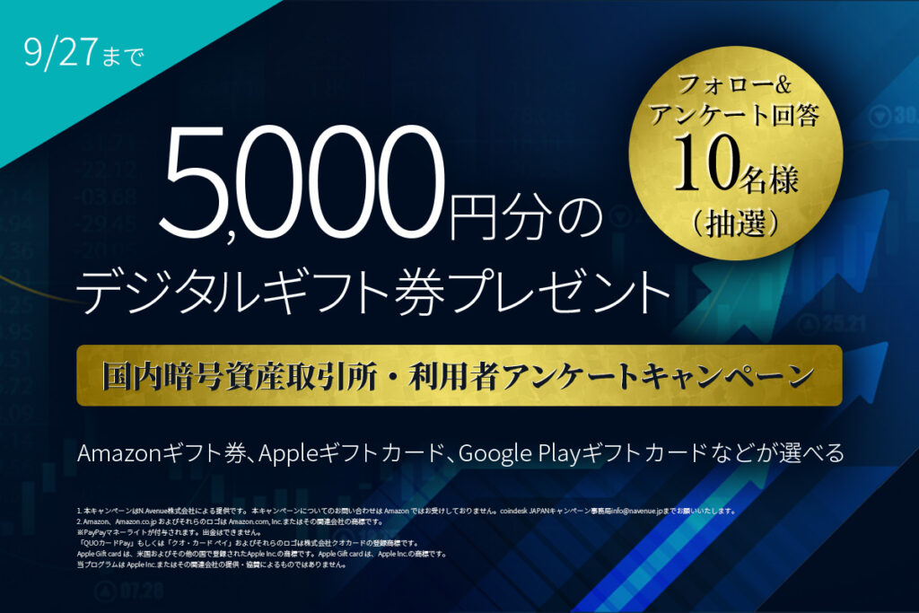 【CoinDesk Japan 2023秋】国内暗号資産取引所・利用者アンケート調査　回答＆Xフォローで5,000円分のデジタルギフトが抽選で当たる