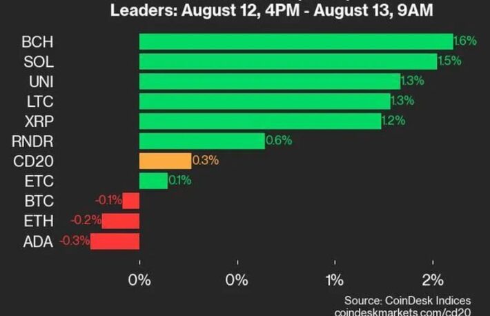 ビットコインキャッシュとソラナが上昇：CoinDesk 20 パフォーマンスアップデート