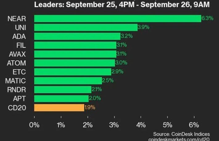20銘柄すべてが上昇、ニアプロトコルが+6.3％で上昇をリード：CoinDesk 20 パフォーマンスアップデート