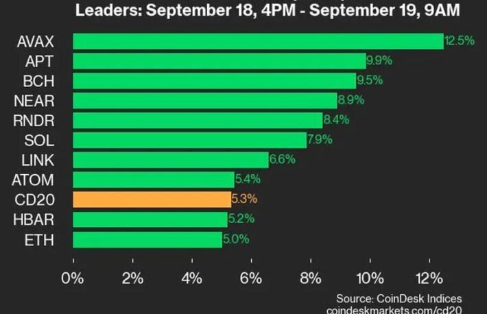 20銘柄すべて上昇、CD20は+5.3％：CoinDesk 20 パフォーマンスアップデート