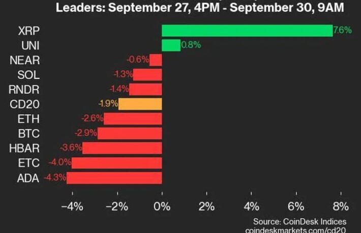 XRPのみが大きく上昇、多くは下落：CoinDesk 20 パフォーマンスアップデート